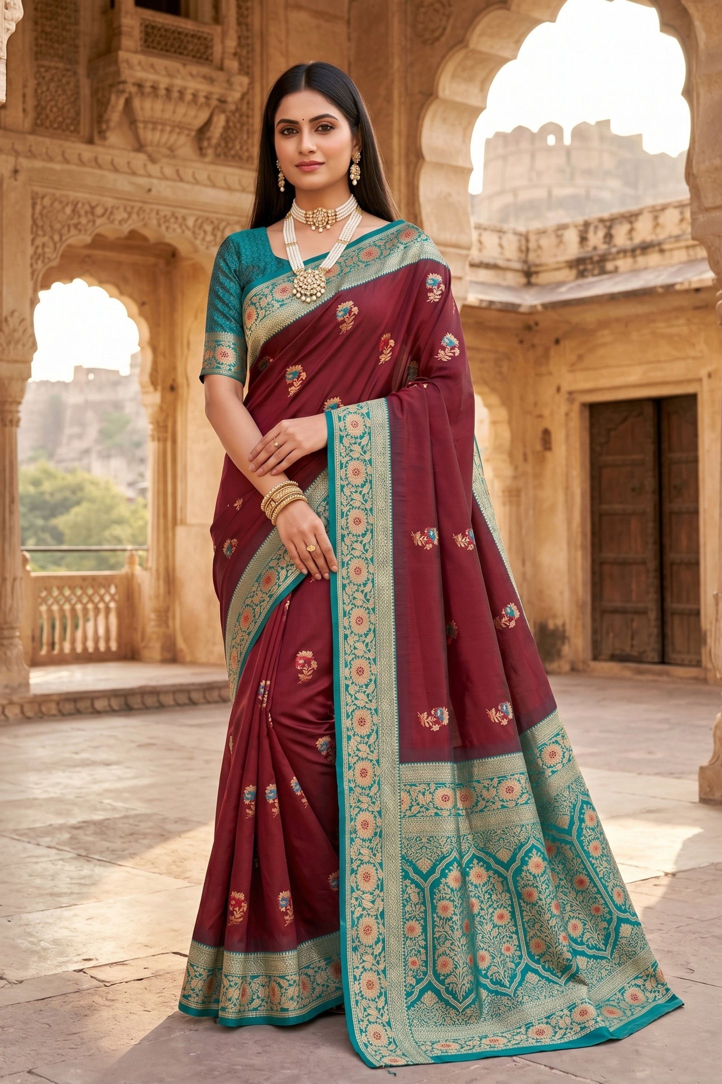 Beautiful Wine Banarasi Silk Saree Floral Zari Woven Border for Women