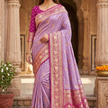 Elegant Lavender Banarasi Silk Saree Floral Zari Woven Border for Women