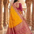 Luxury Yellow Banarasi Silk Saree Floral Zari Woven Border for Women