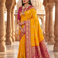 Luxury Yellow Banarasi Silk Saree Floral Zari Woven Border for Women