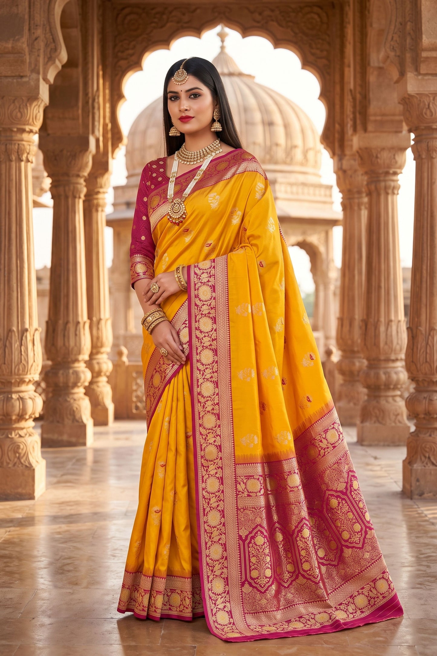 Luxury Yellow Banarasi Silk Saree Floral Zari Woven Border for Women