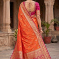 Stylish Orange Banarasi Silk Saree Floral Zari Woven Border for Women