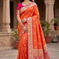 Stylish Orange Banarasi Silk Saree Floral Zari Woven Border for Women