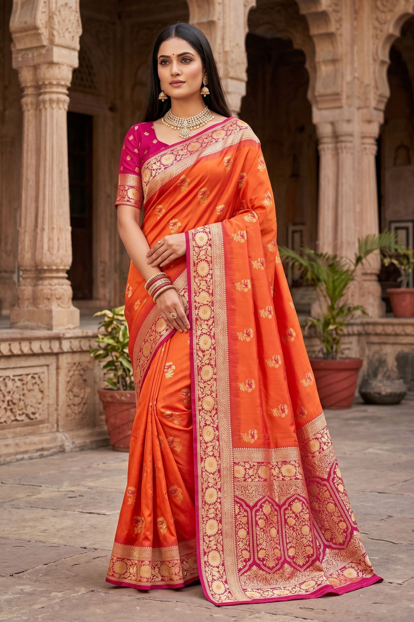 Stylish Orange Banarasi Silk Saree Floral Zari Woven Border for Women