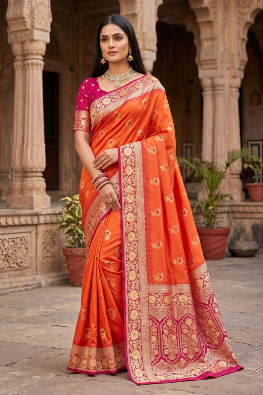 Stylish Orange Banarasi Silk Saree Floral Zari Woven Border for Women