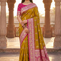Graceful Olive Green Banarasi Silk Saree Floral Zari Woven Border for Women