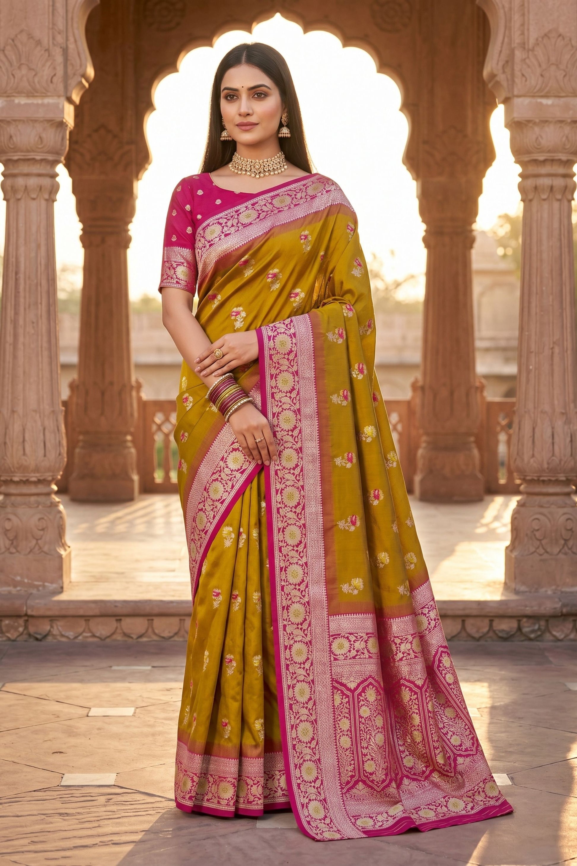 Graceful Olive Green Banarasi Silk Saree Floral Zari Woven Border for Women