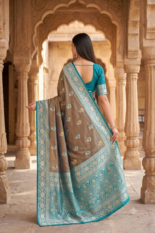 Elegant Brown Banarasi Silk Saree Floral Zari Woven Border for Women