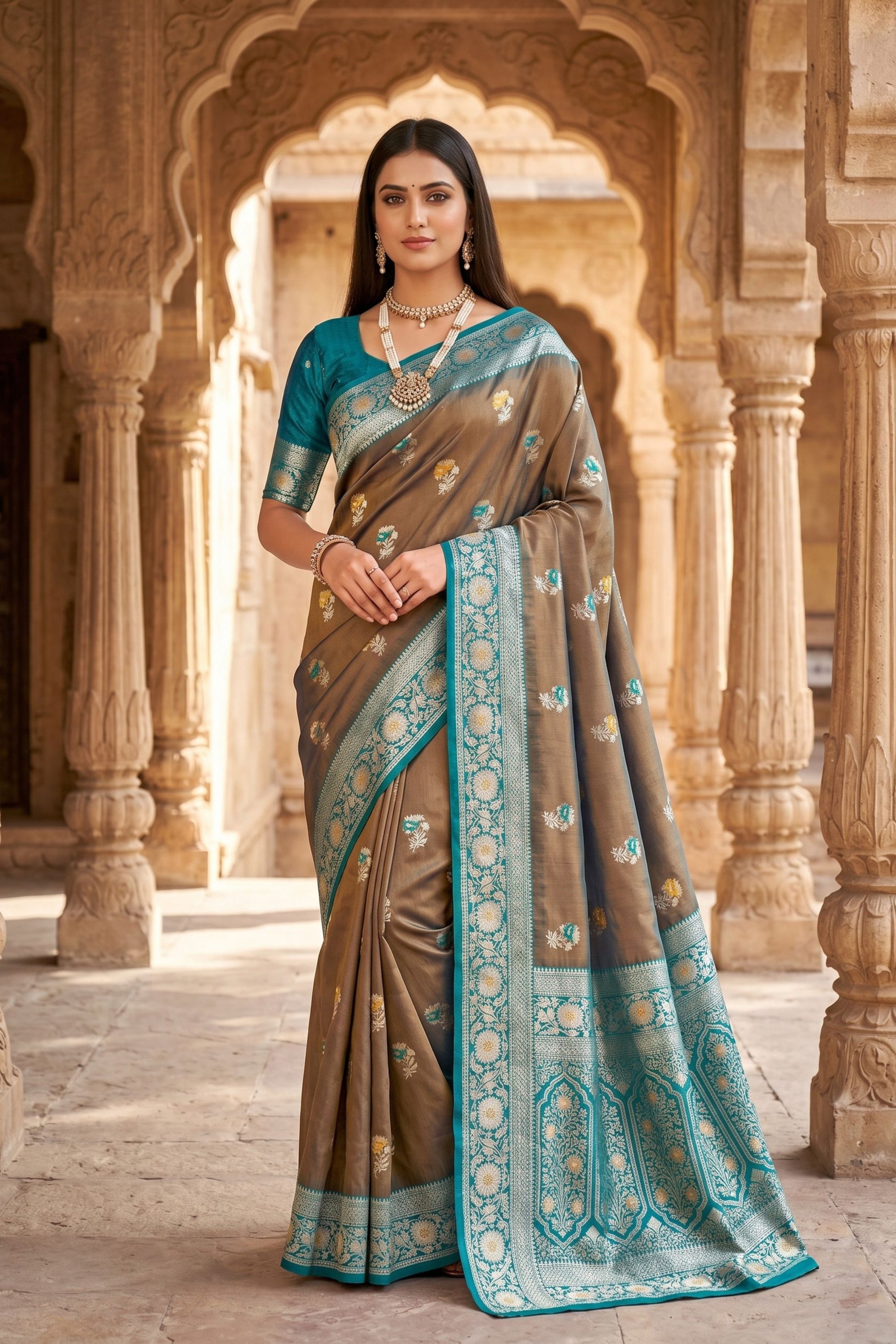 Elegant Brown Banarasi Silk Saree Floral Zari Woven Border for Women
