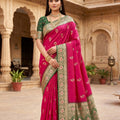 Beautiful Rani Pink Banarasi Silk Saree Floral Zari Woven Border for Women