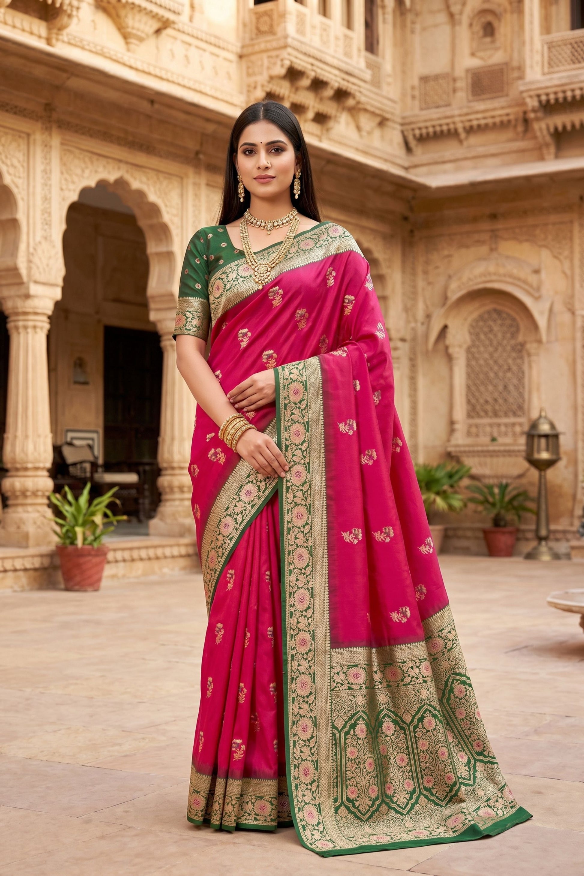 Beautiful Rani Pink Banarasi Silk Saree Floral Zari Woven Border for Women