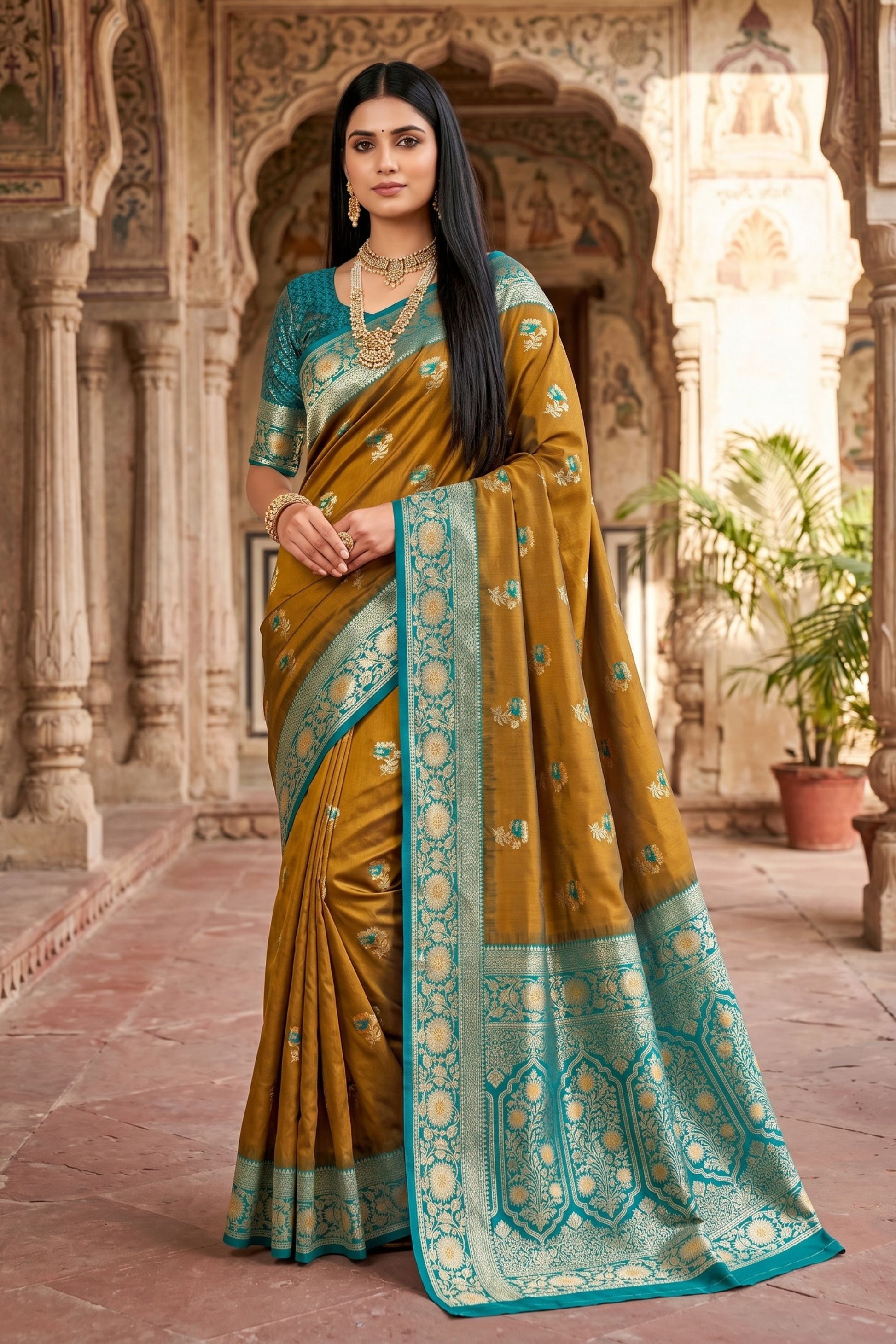 Stunning Olive Green Banarasi Silk Saree Floral Zari Woven Border for Women