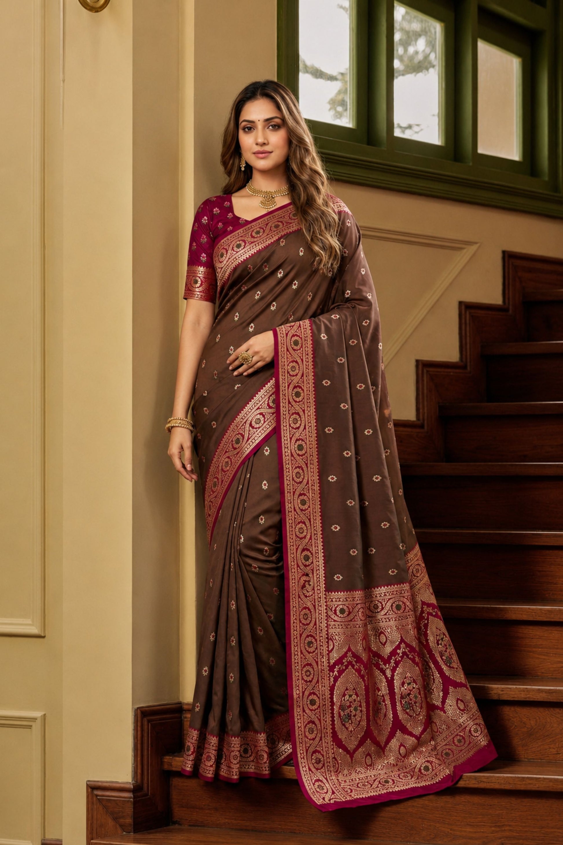 Premium Coffee Brown Banarasi Silk Saree Zari Woven for Women