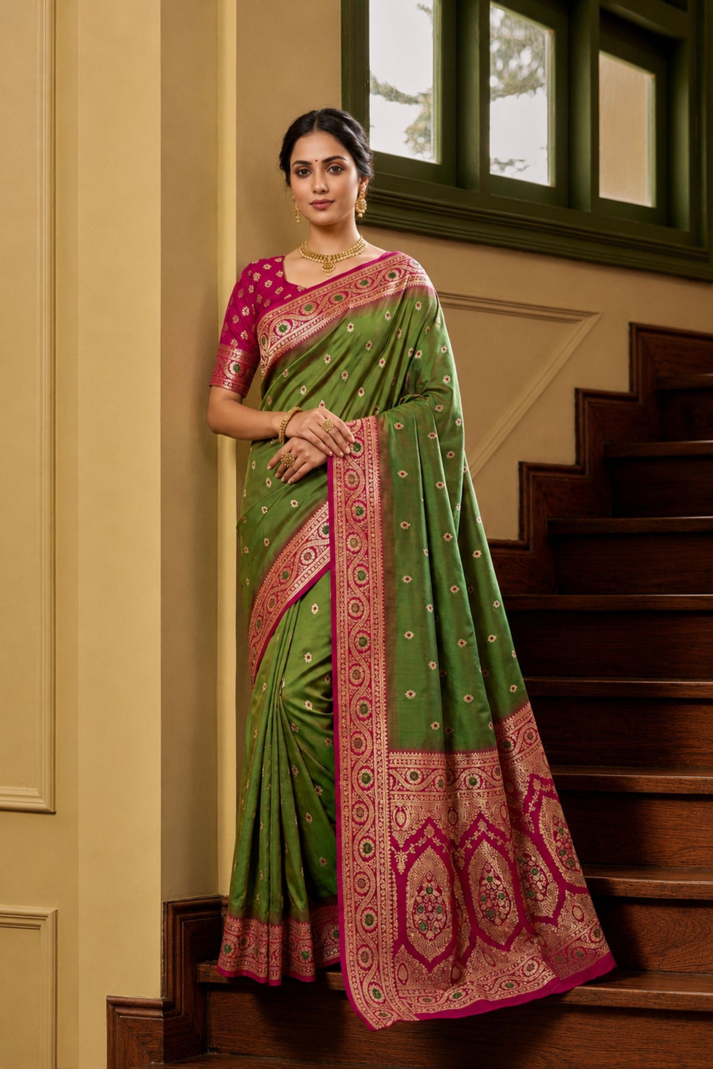 Elegant Olive Green Banarasi Silk Saree Zari Woven for Women