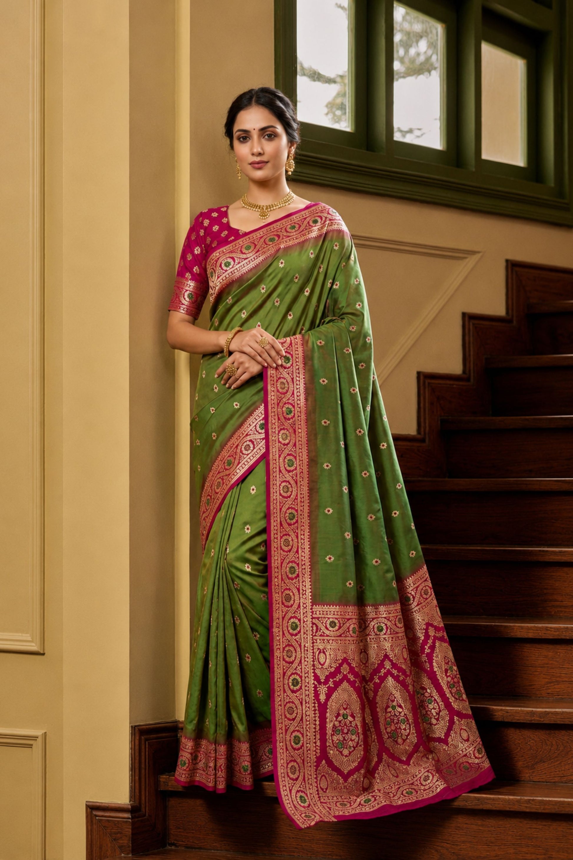 Elegant Olive Green Banarasi Silk Saree Zari Woven for Women