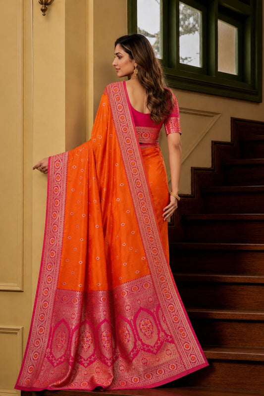 Premium Orange Banarasi Silk Saree Zari Woven for Women