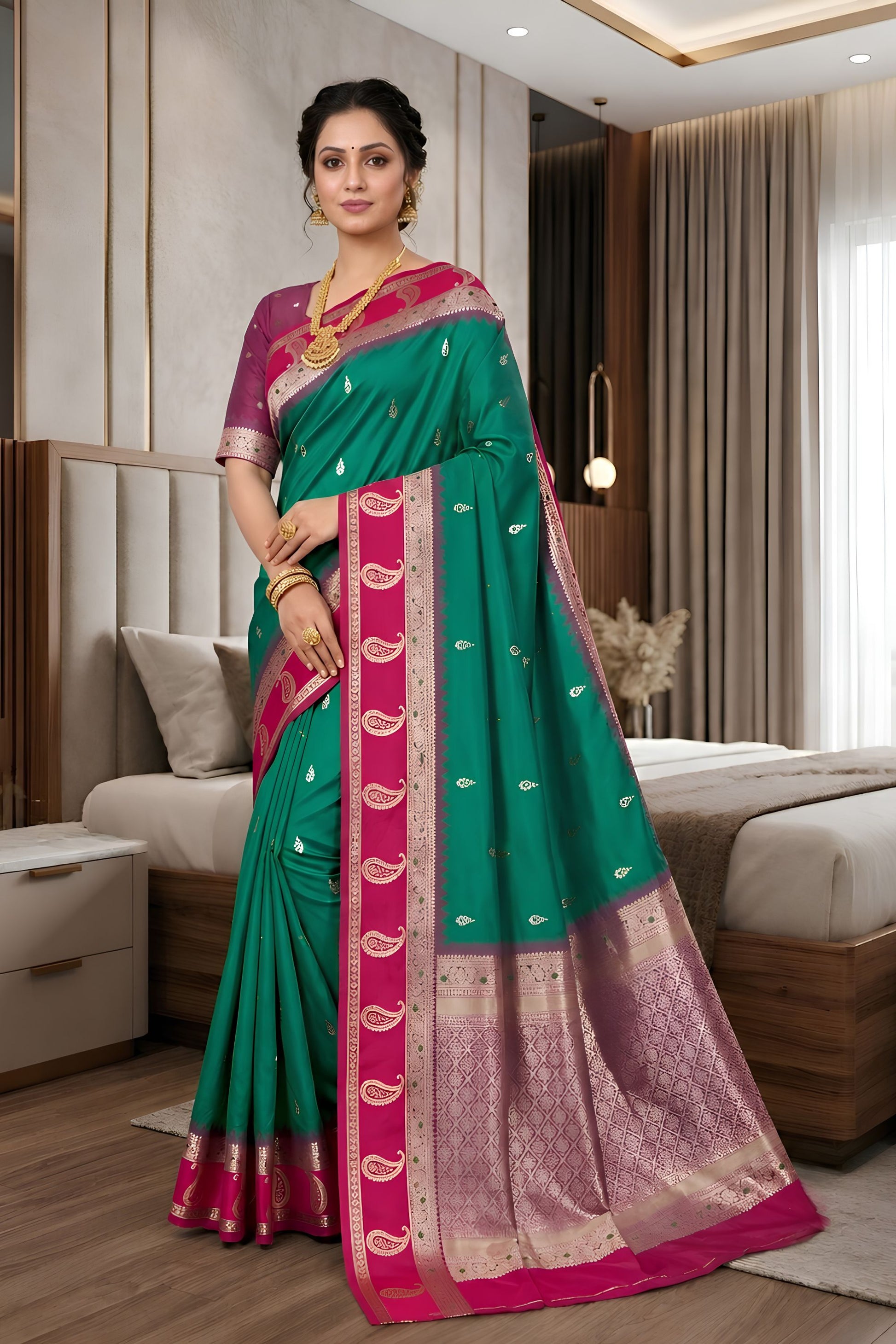 Elegant Teal Green Banarasi Silk Woven Saree and for Women