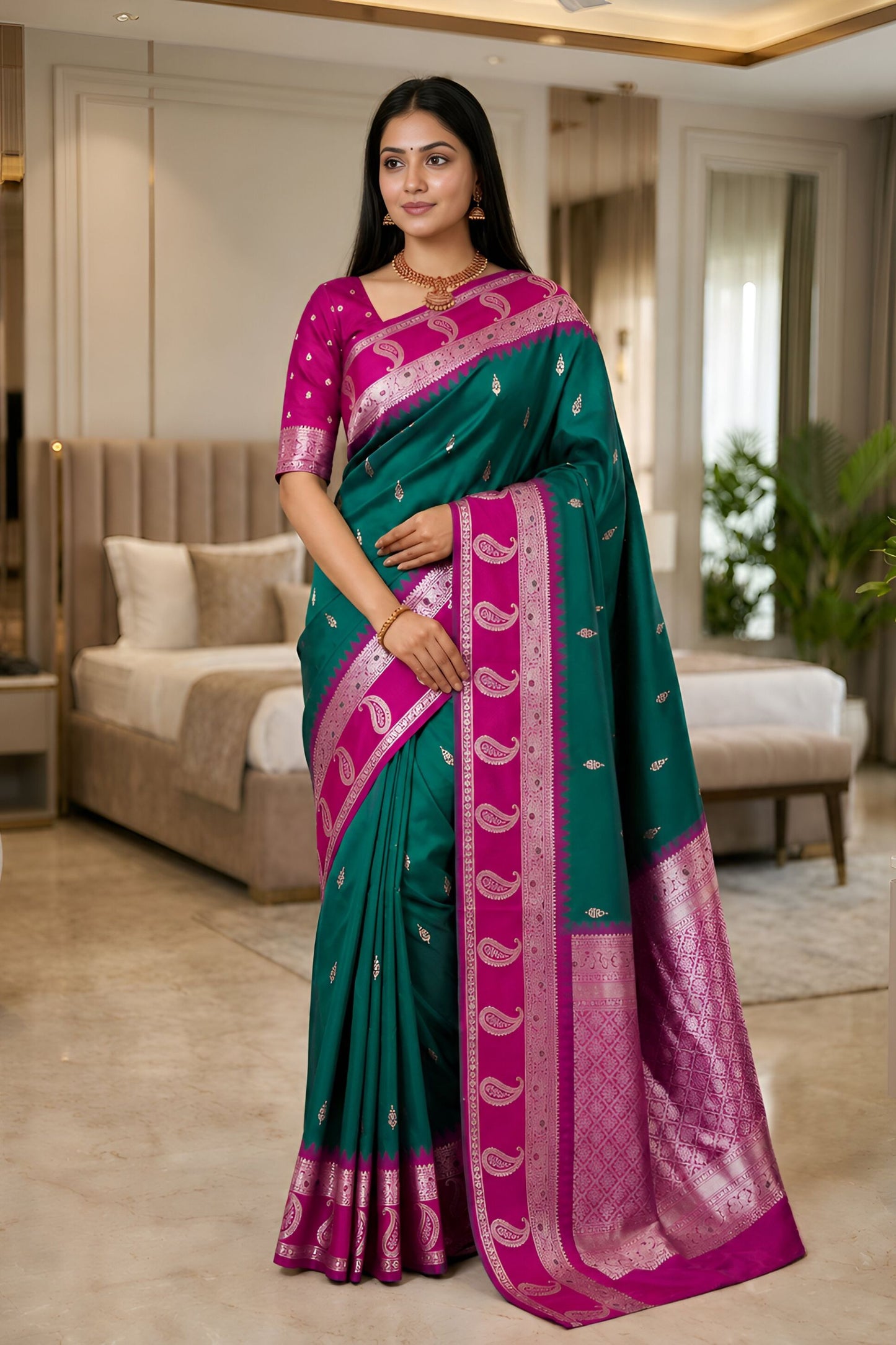 Premium Teal Green Banarasi Silk Woven Saree for Women