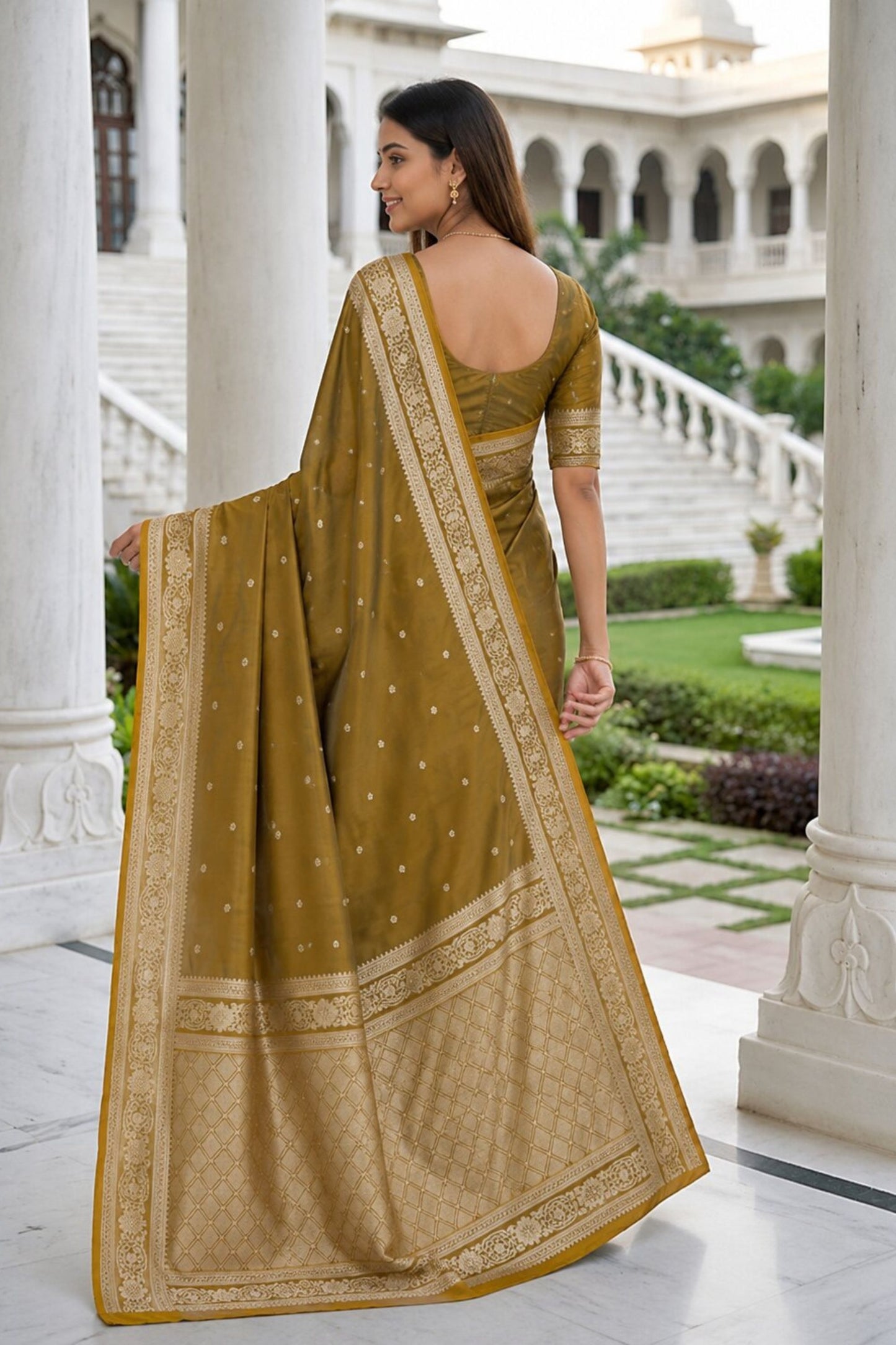 Premium Olive Green Banarasi Silk Weaving Saree Border for Women