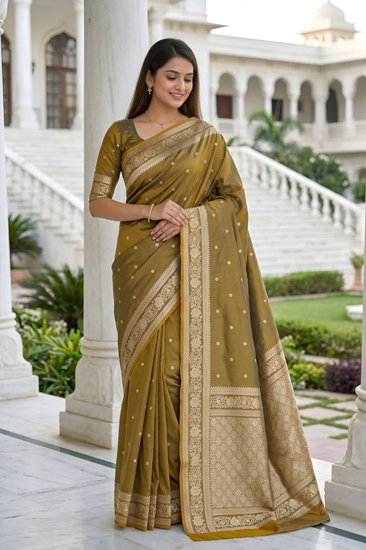 Premium Olive Green Banarasi Silk Weaving Saree Border for Women