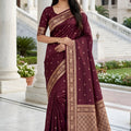 Stylish Wine Banarasi Silk Weaving Saree Designer Border for Women