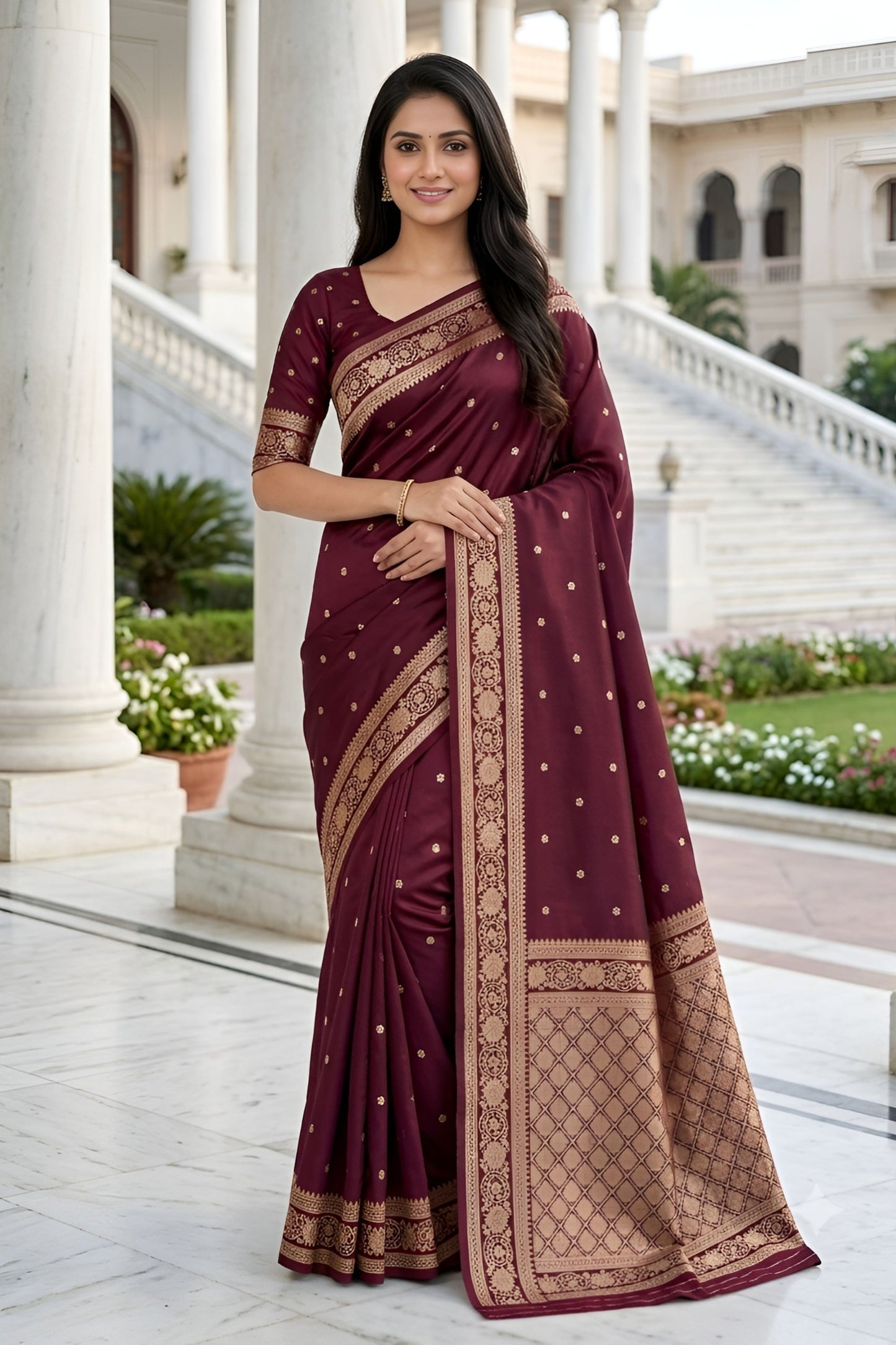 Stylish Wine Banarasi Silk Weaving Saree Designer Border for Women