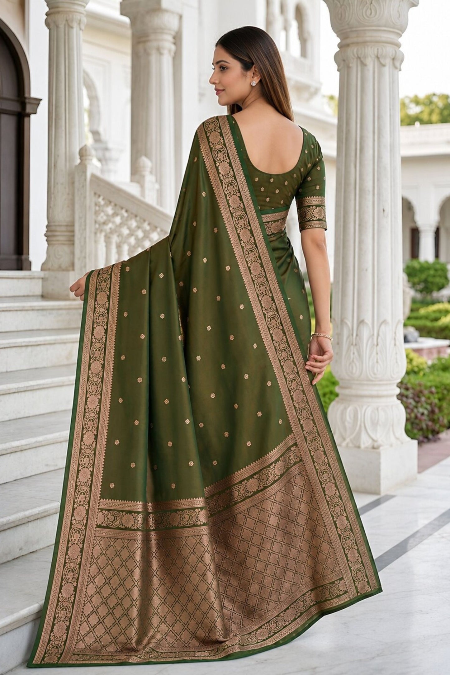 Graceful Olive Green Banarasi Silk Weaving Saree Border for Women