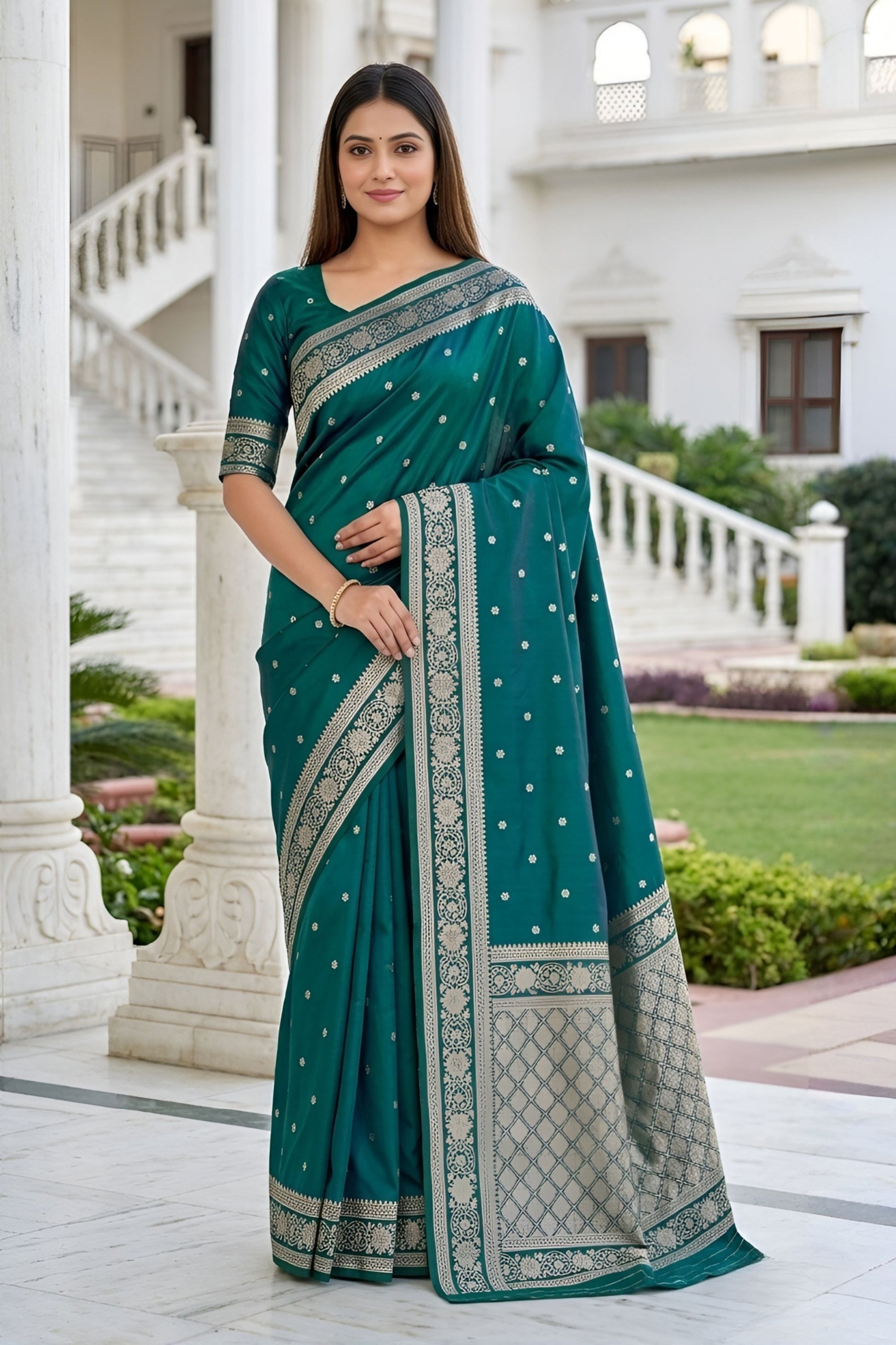 Designer Teal Green Banarasi Silk Weaving Saree Border for Women