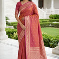 Royal Peach Pink Banarasi Silk Weaving Saree Border for Women