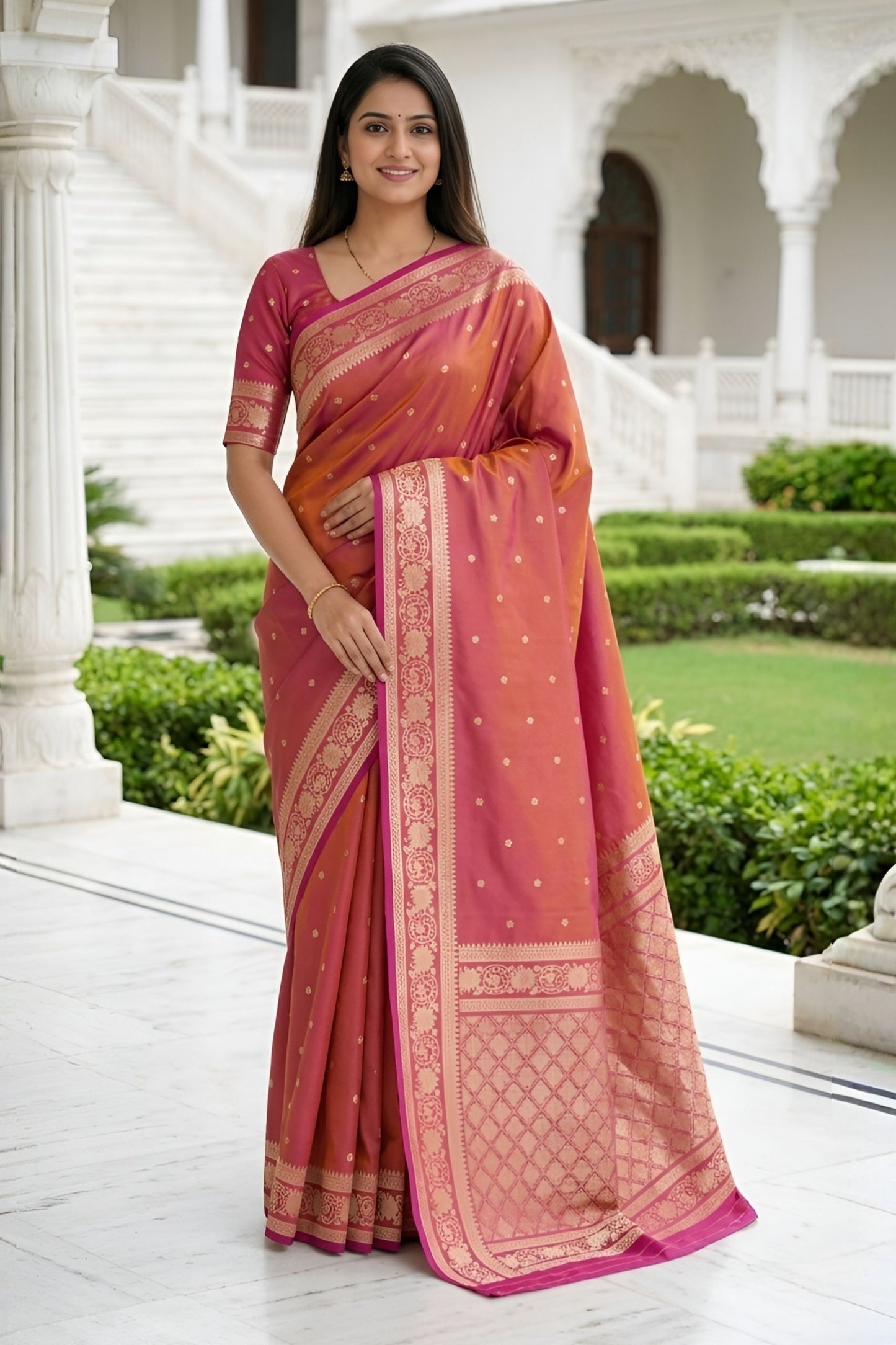 Royal Peach Pink Banarasi Silk Weaving Saree Border for Women