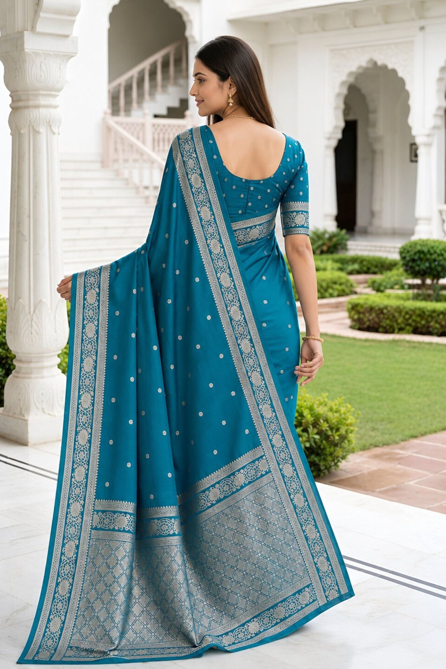 Amazing Peacock Blue Banarasi Silk Weaving Saree Border for Women