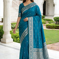 Amazing Peacock Blue Banarasi Silk Weaving Saree Border for Women