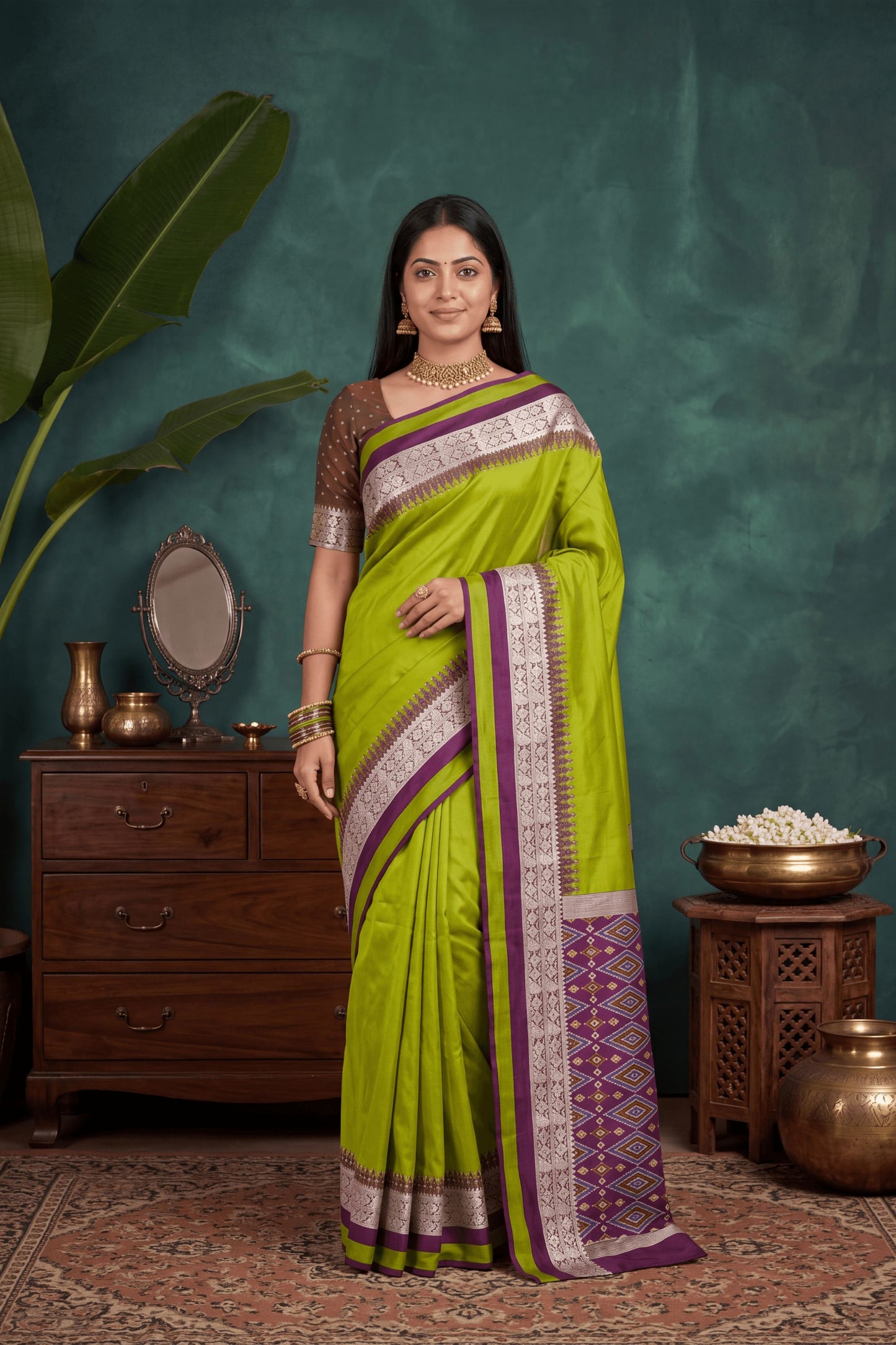 Graceful Lime Green Banarasi Silk Woven Saree for Women