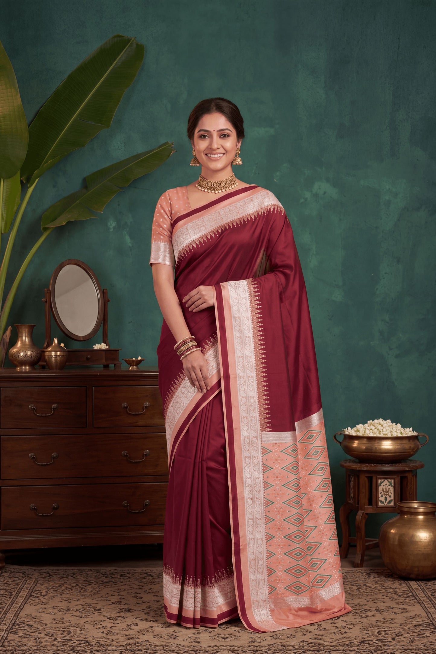 Royal Wine Banarasi Silk Woven Saree Woven Border for Women