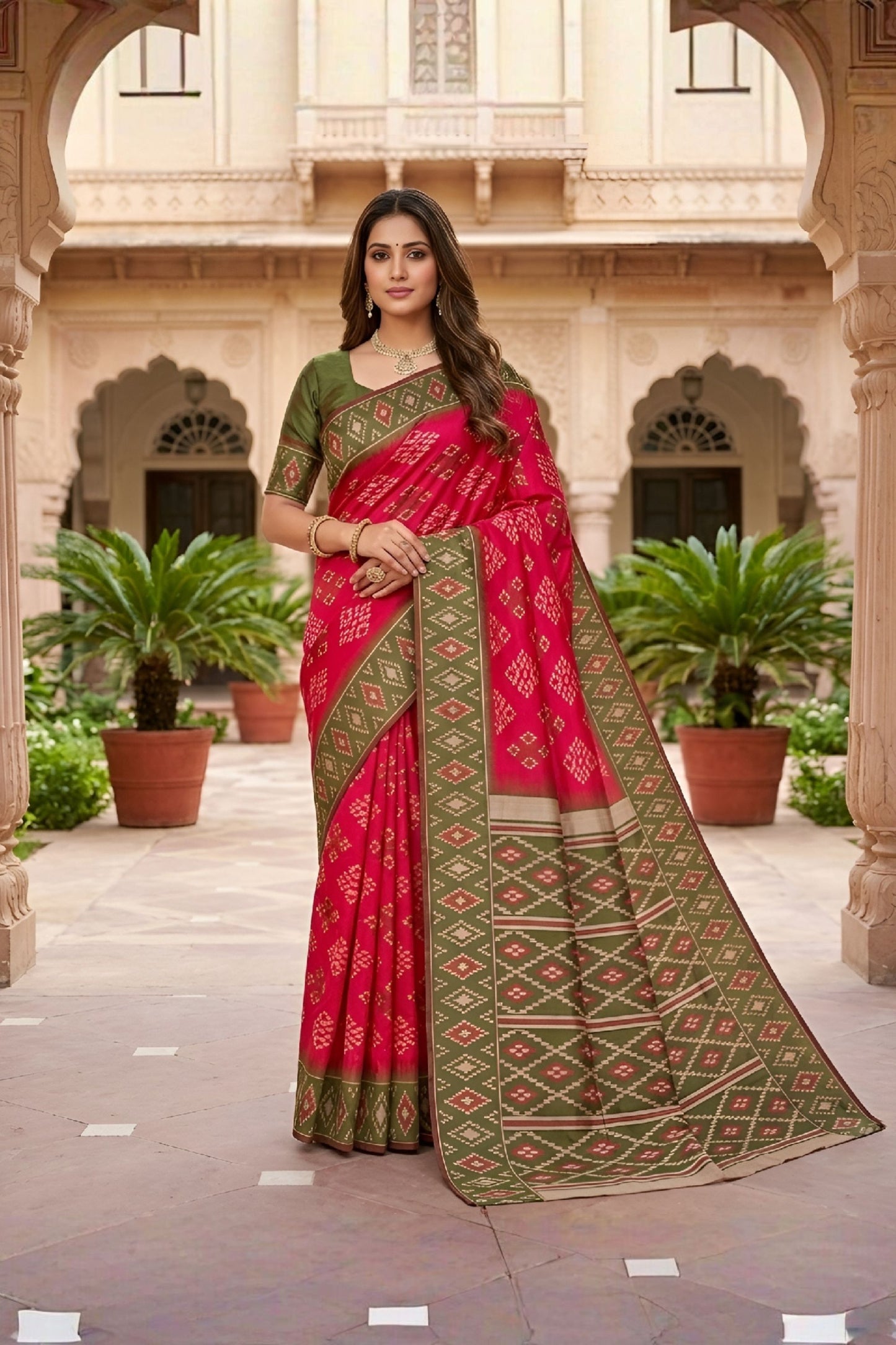 Beautiful Rani Pink Silk Blend Ikkat Pattern Woven Work Saree for Women