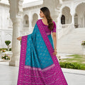 Stylish Sky Blue Silk Blend Ikkat Pattern Woven Work Saree for Women