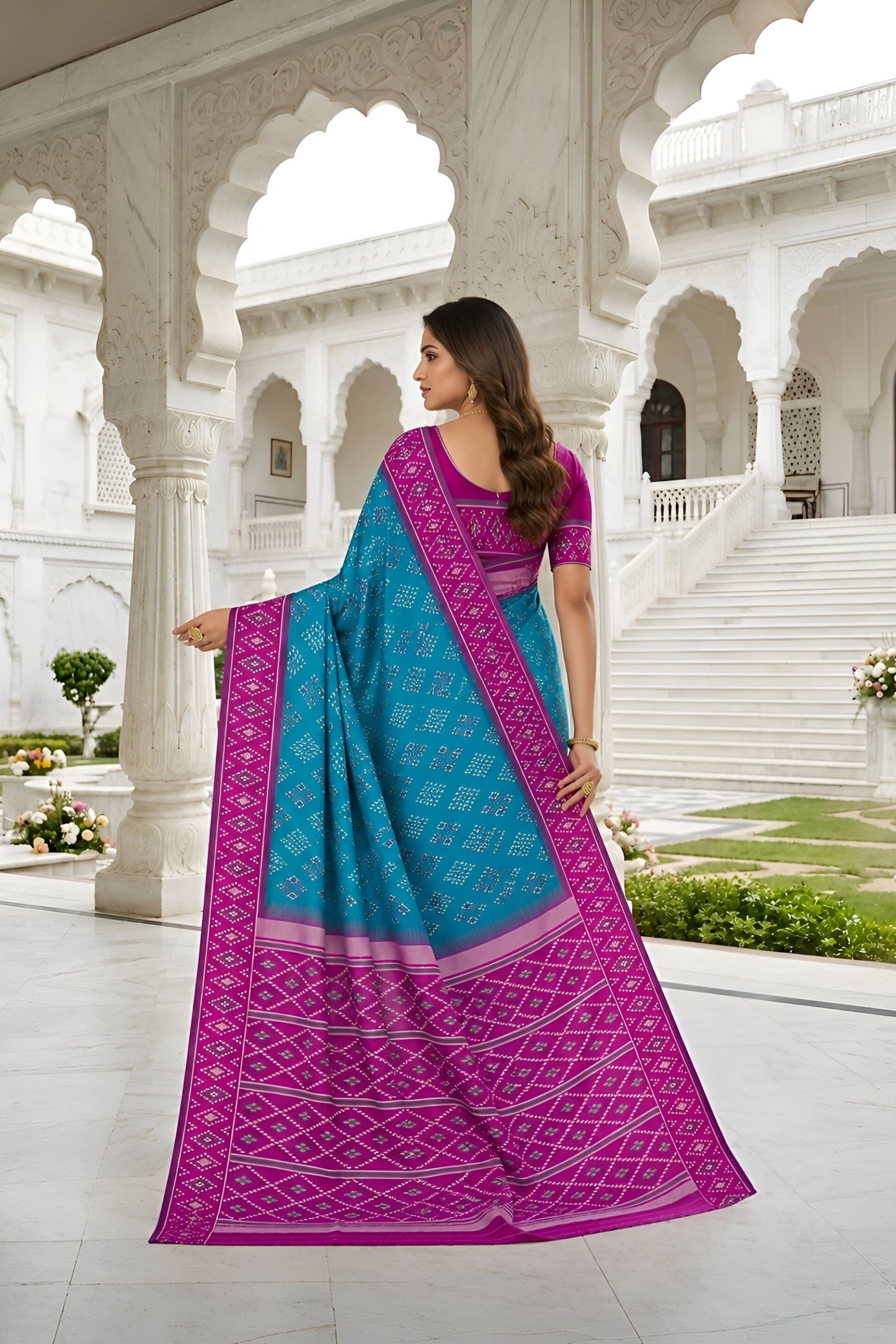 Stylish Sky Blue Silk Blend Ikkat Pattern Woven Work Saree for Women