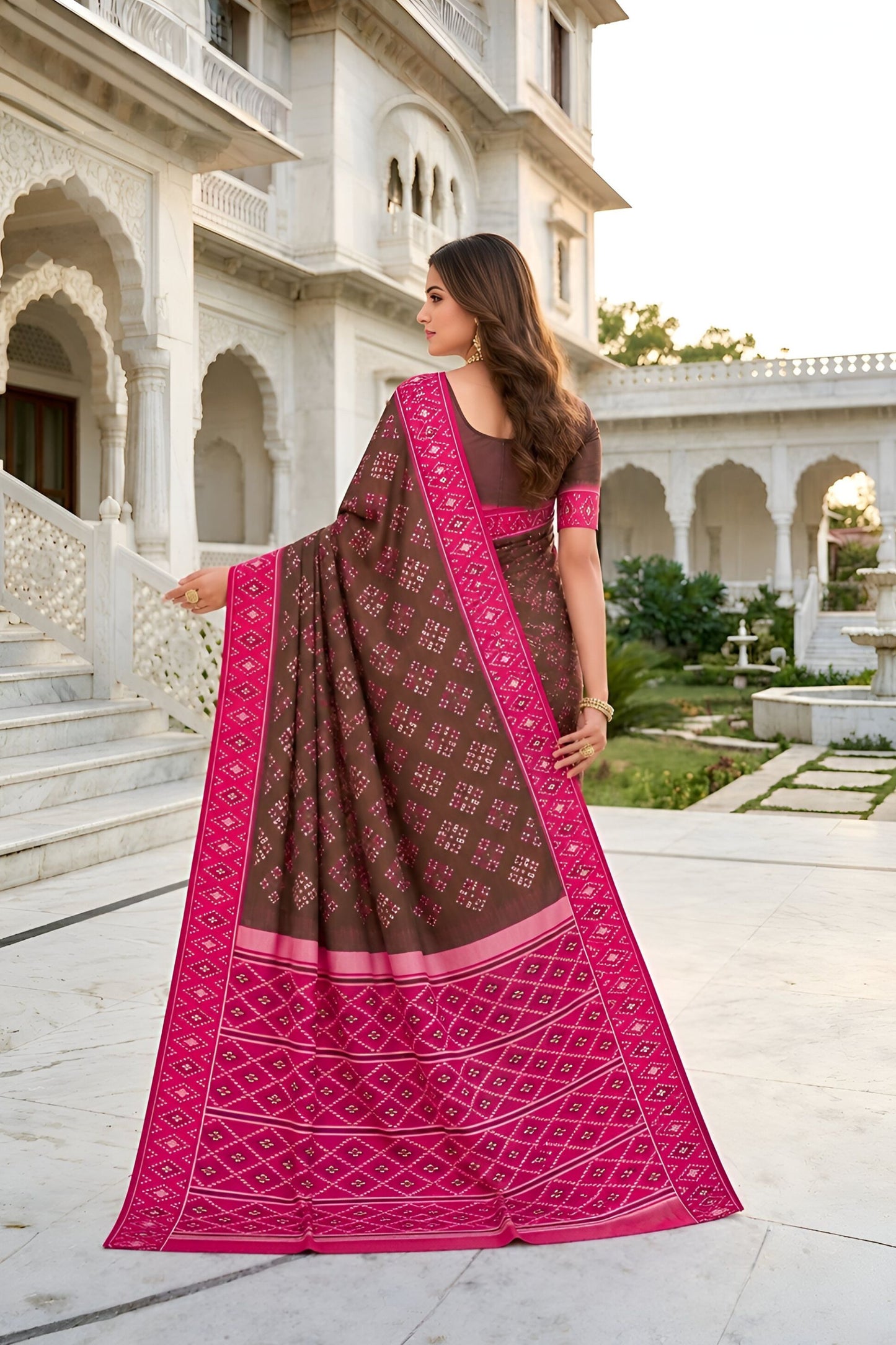 Traditional Coffee Brown Silk Blend Ikkat Pattern Woven Work Saree for Women