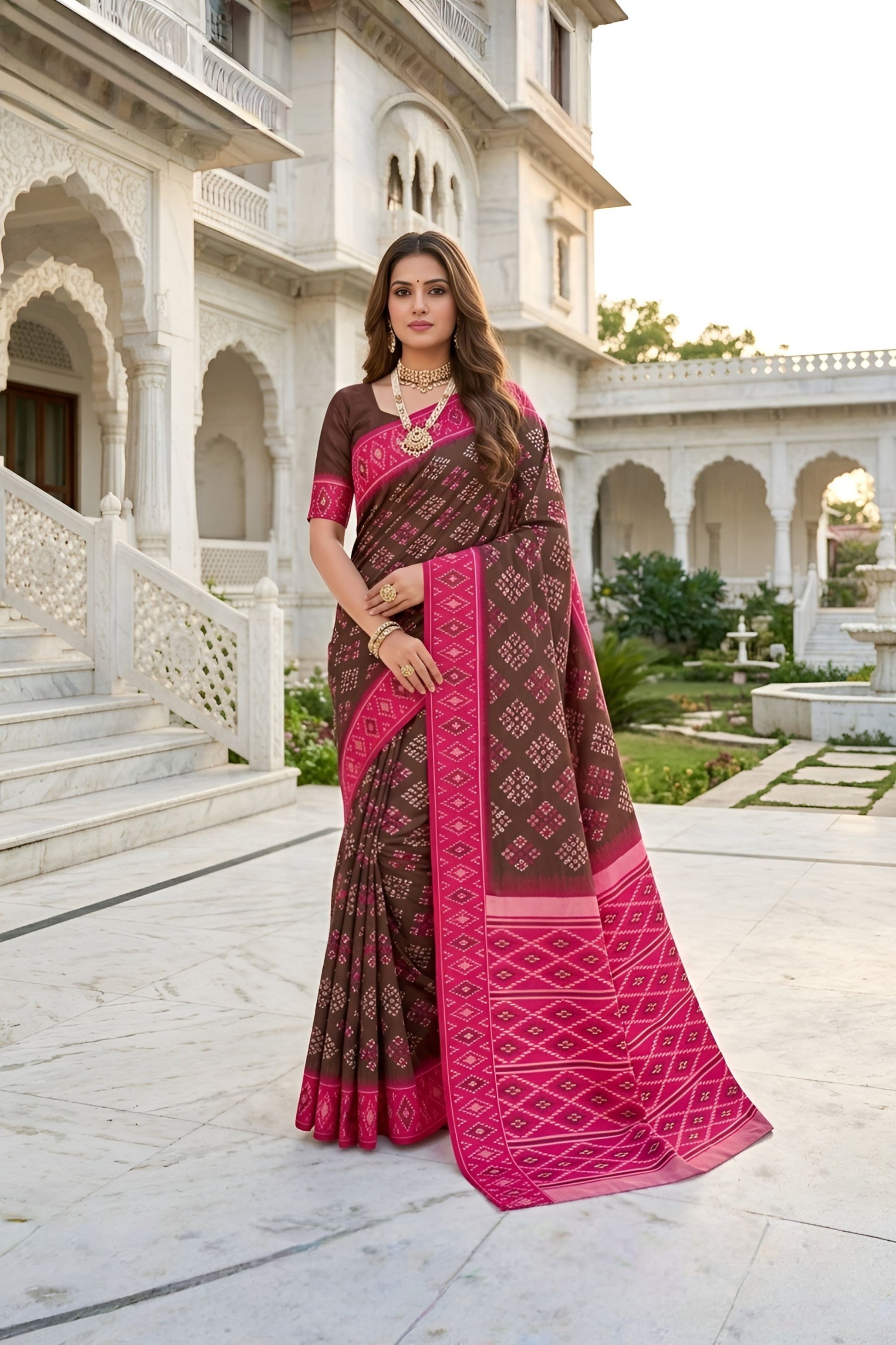Traditional Coffee Brown Silk Blend Ikkat Pattern Woven Work Saree for Women