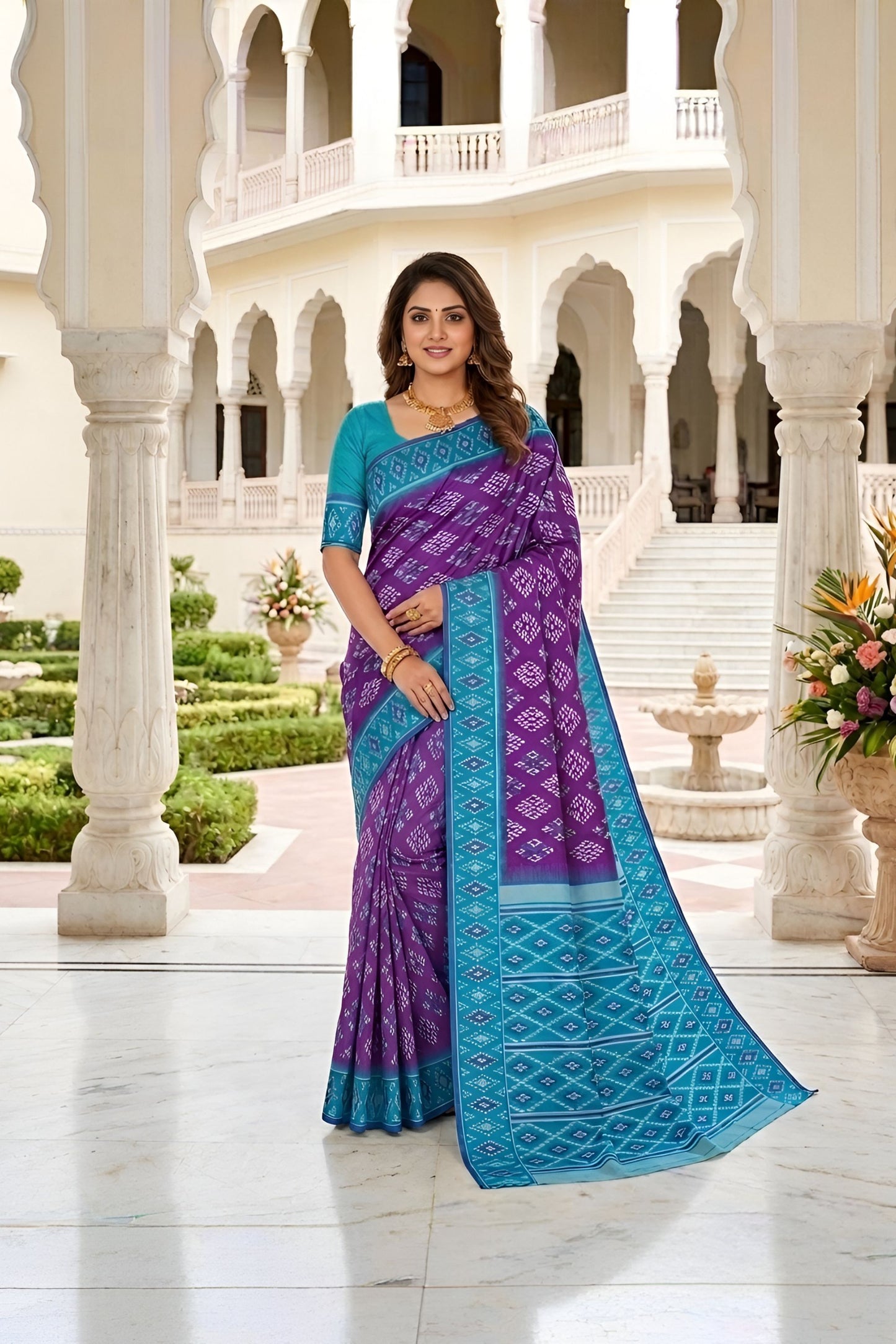 Stylish Purple Silk Blend Ikkat Pattern Woven Work Saree for Women