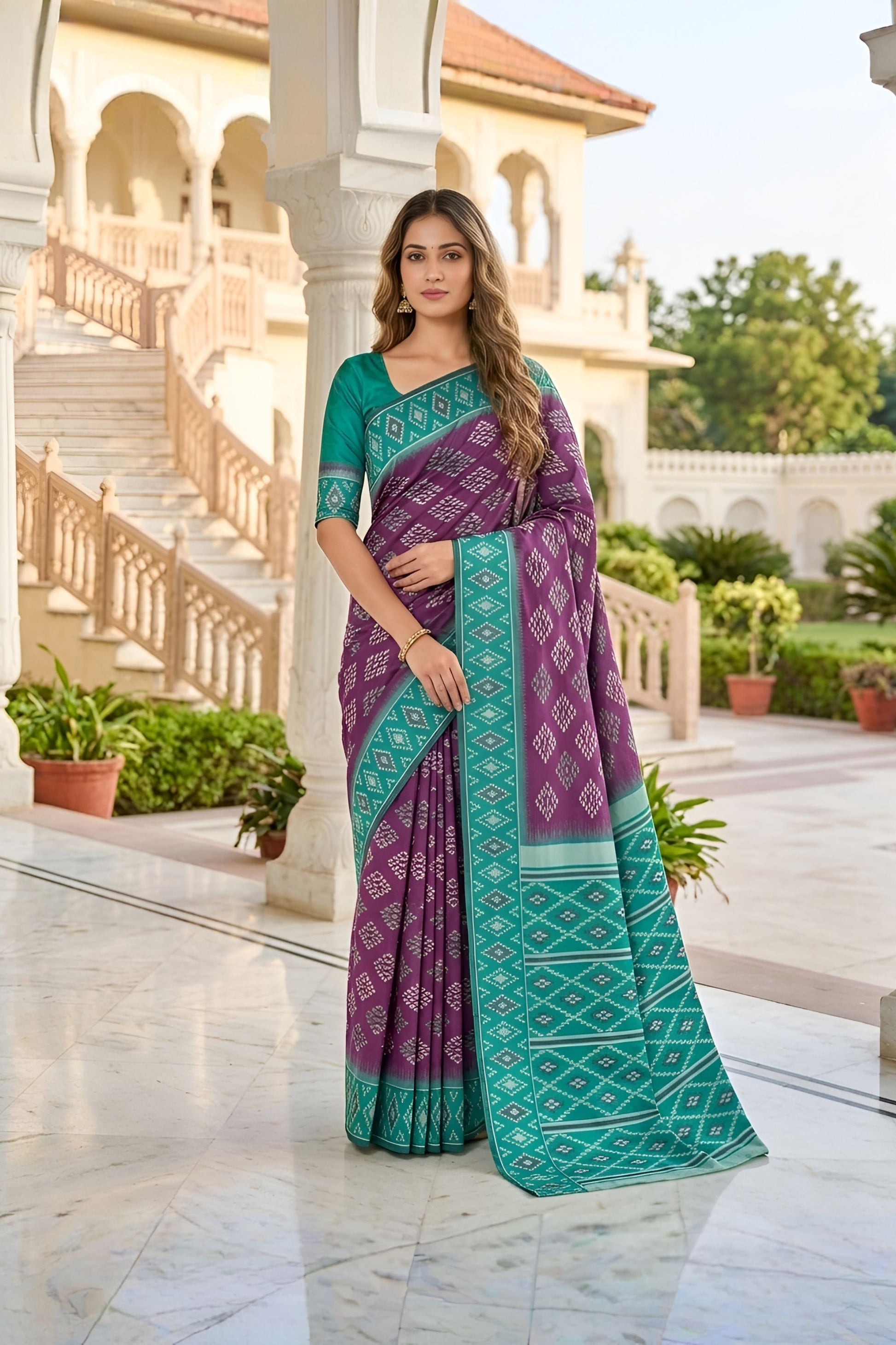 Lovely Purple Silk Blend Ikkat Pattern Woven Work Saree for Women