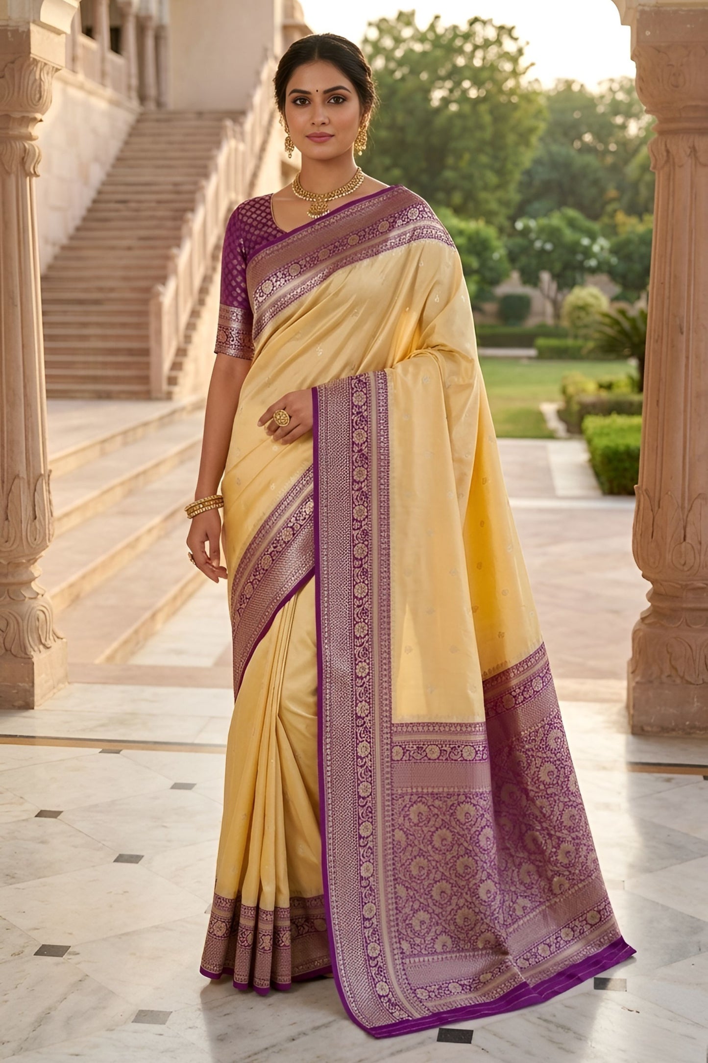 Stylish Cream Banarasi Silk Woven Saree for Women