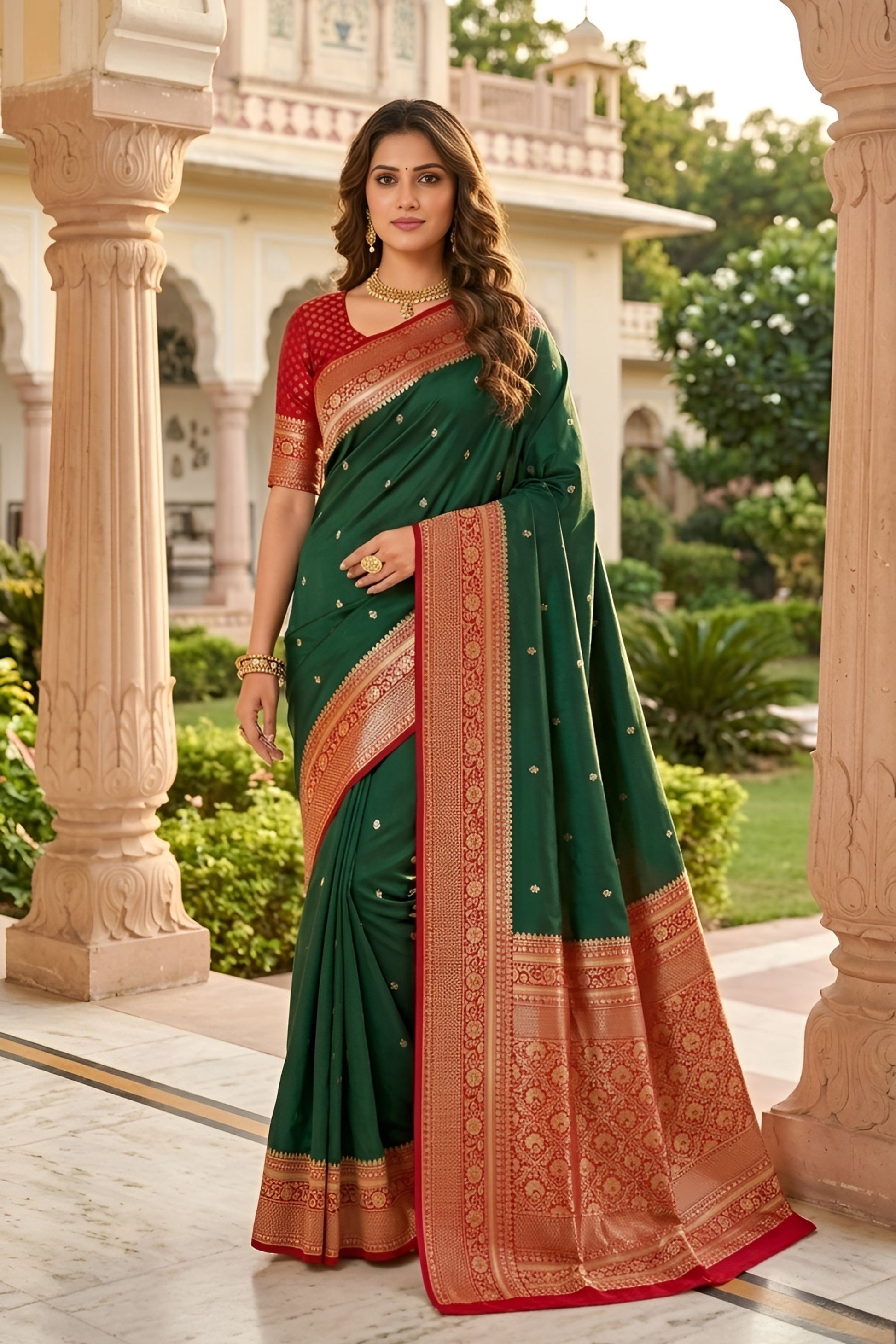 Delicate Bottle Green Banarasi Silk Woven Saree for Women