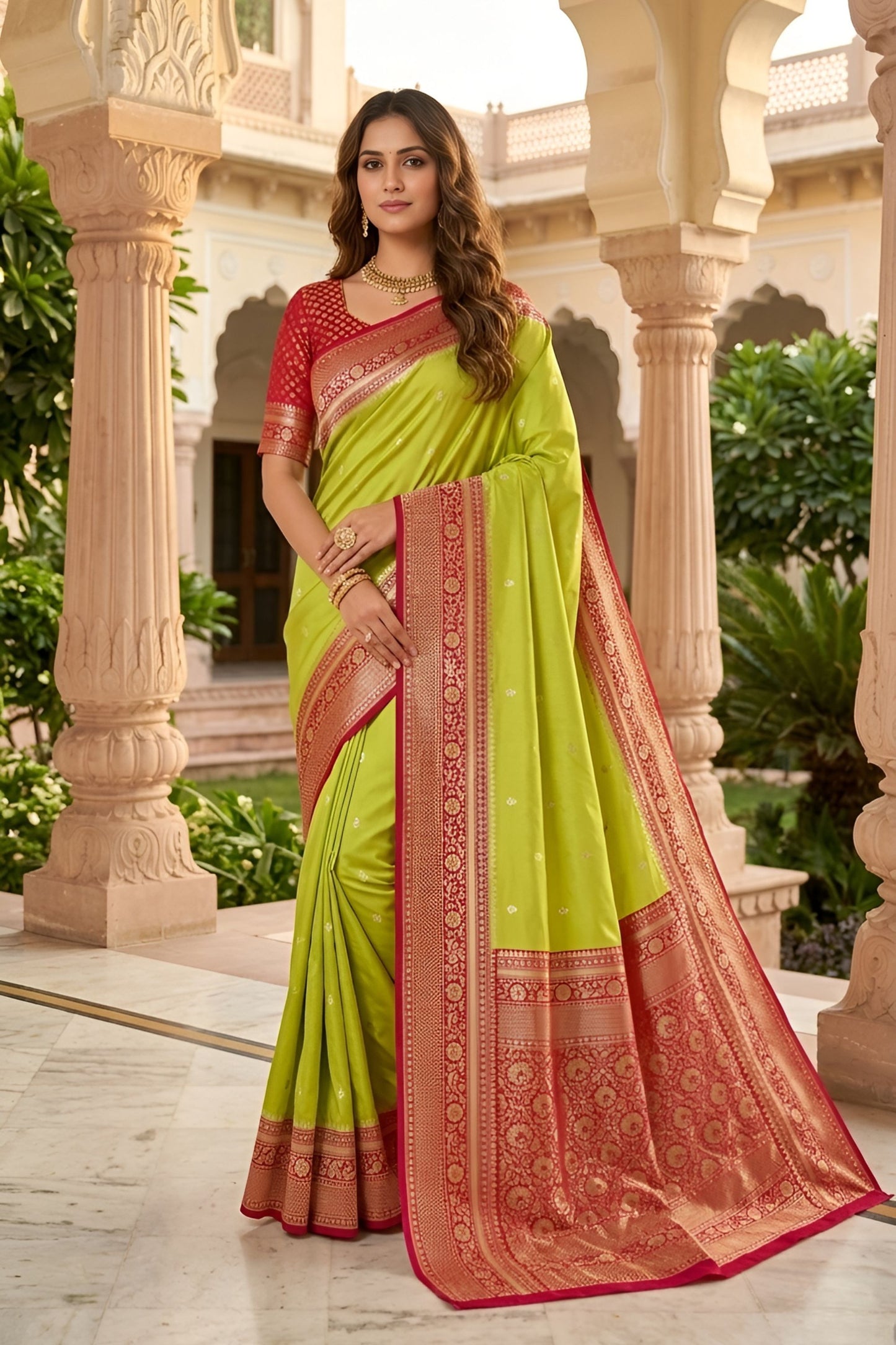 Stylish Lime Green Banarasi Silk Woven Saree for Women