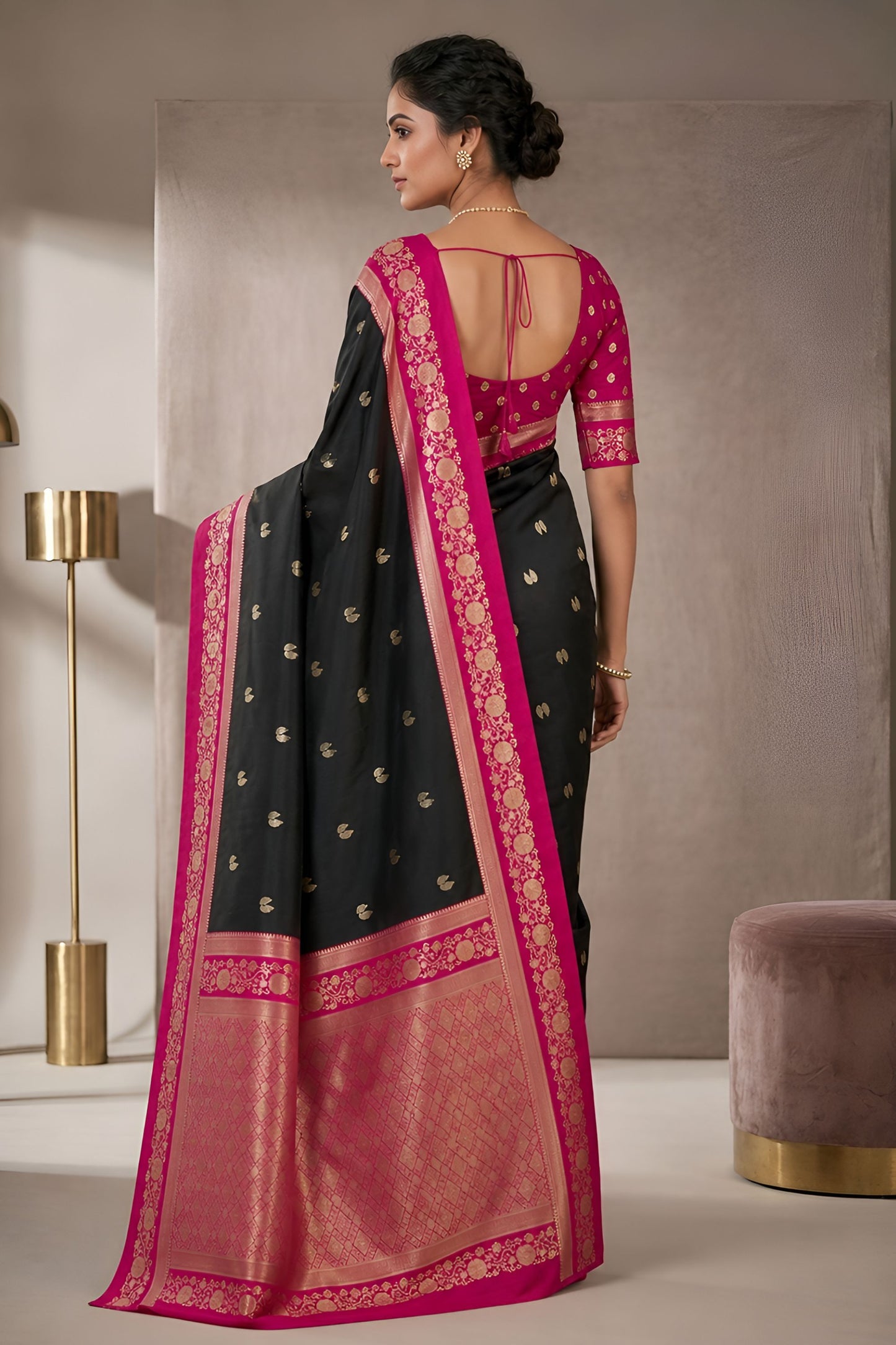 Premium Black Banarasi Silk Woven Saree Meenakari Motif Women