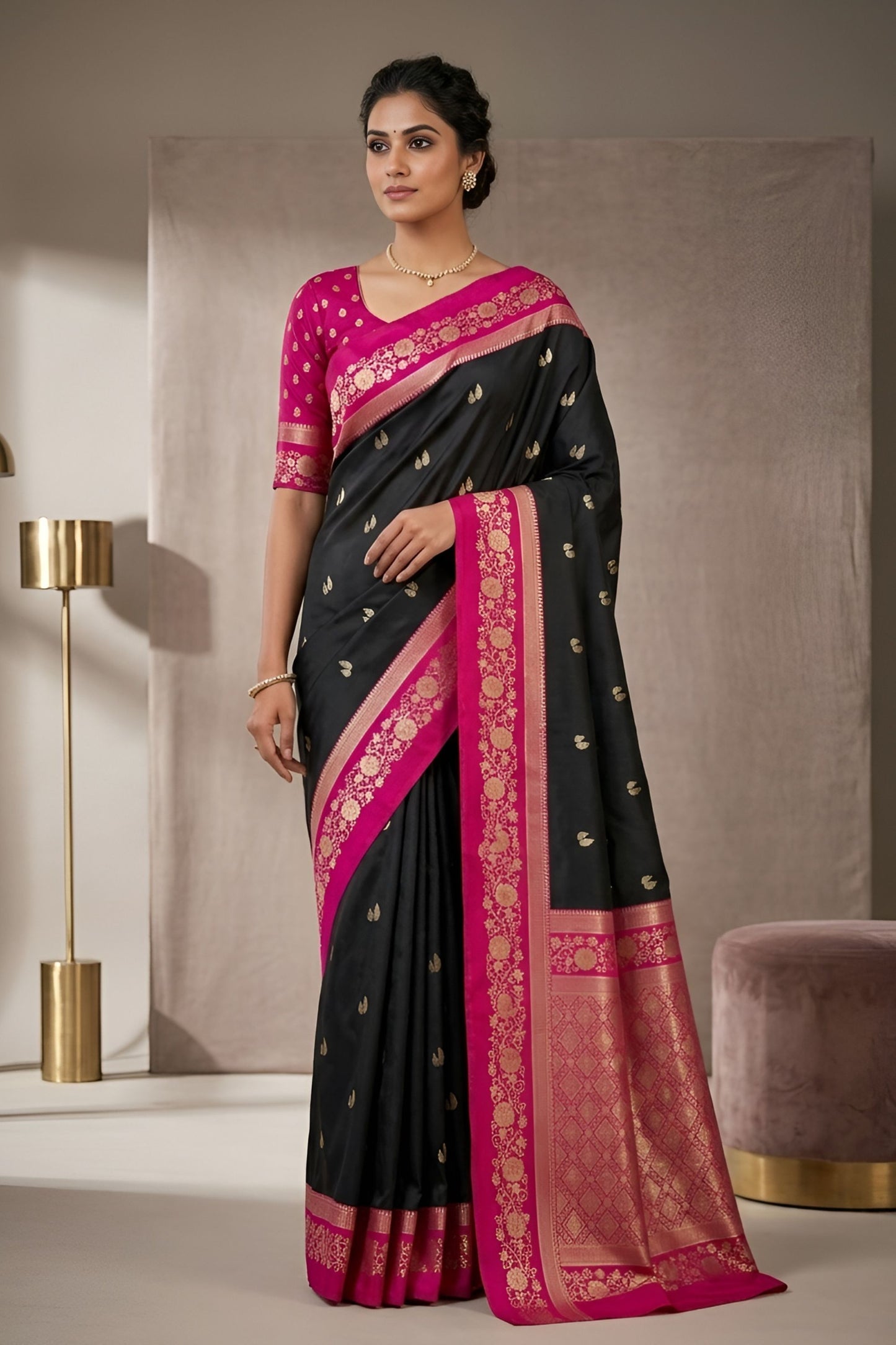 Premium Black Banarasi Silk Woven Saree Meenakari Motif Women