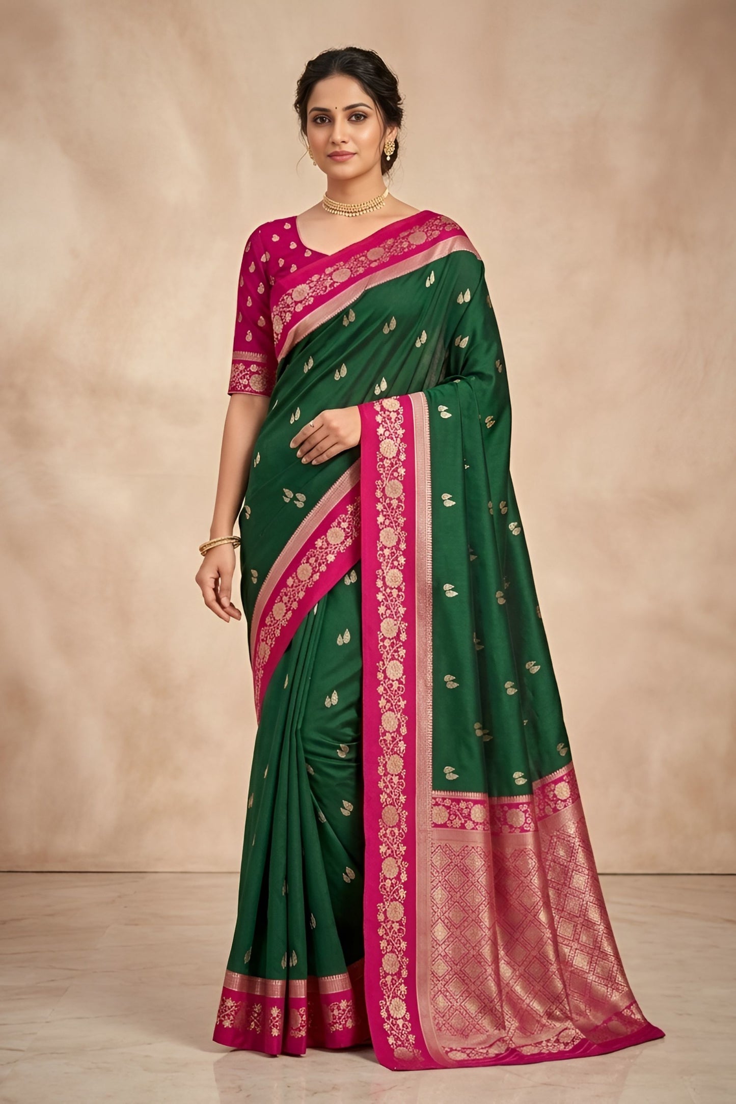 Graceful Bottle Green Banarasi Silk Woven Saree Meenakari Motif for Women