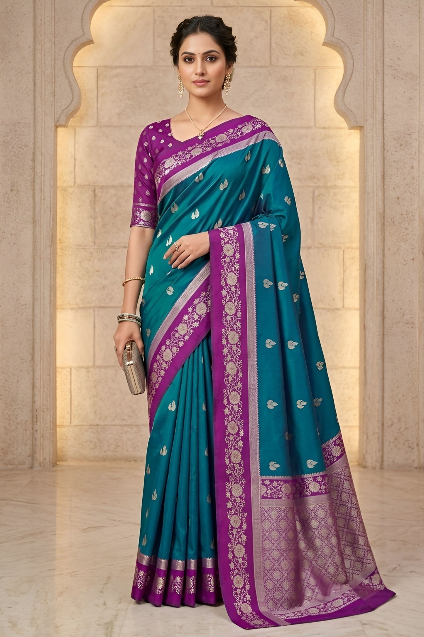 Elegant Teal Green Banarasi Silk Woven Saree Meenakari Motif for Women
