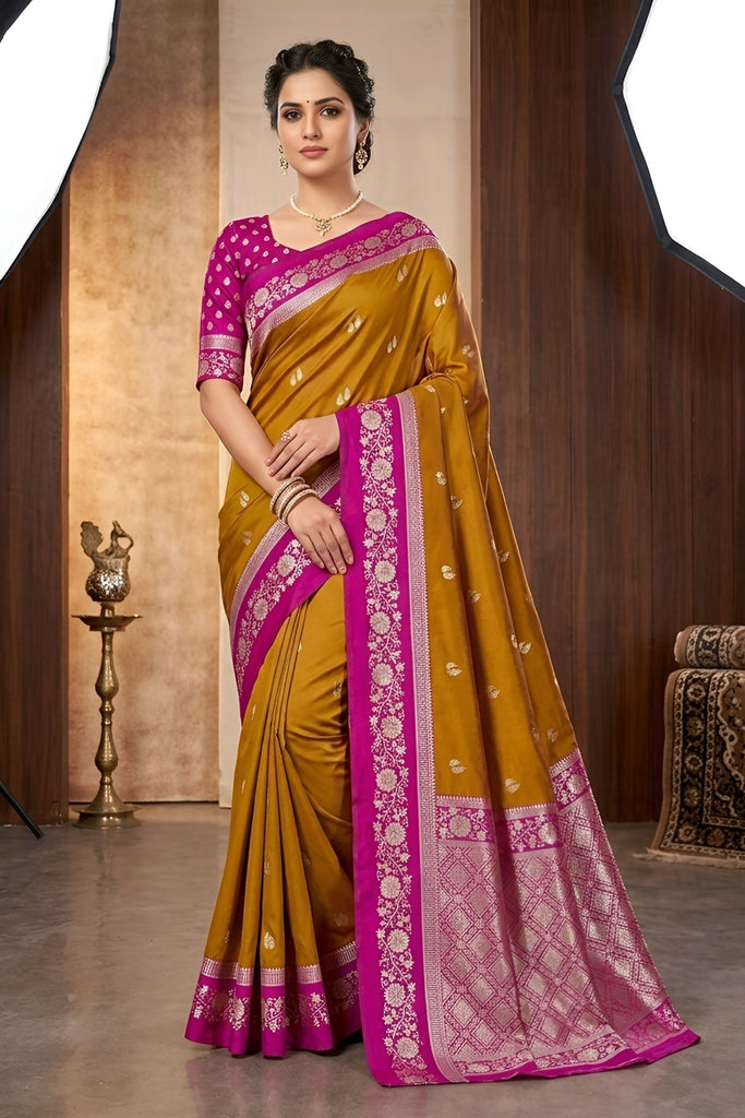 Classic Mustard Yellow Banarasi Silk Woven Saree Meenakari Motif for Women