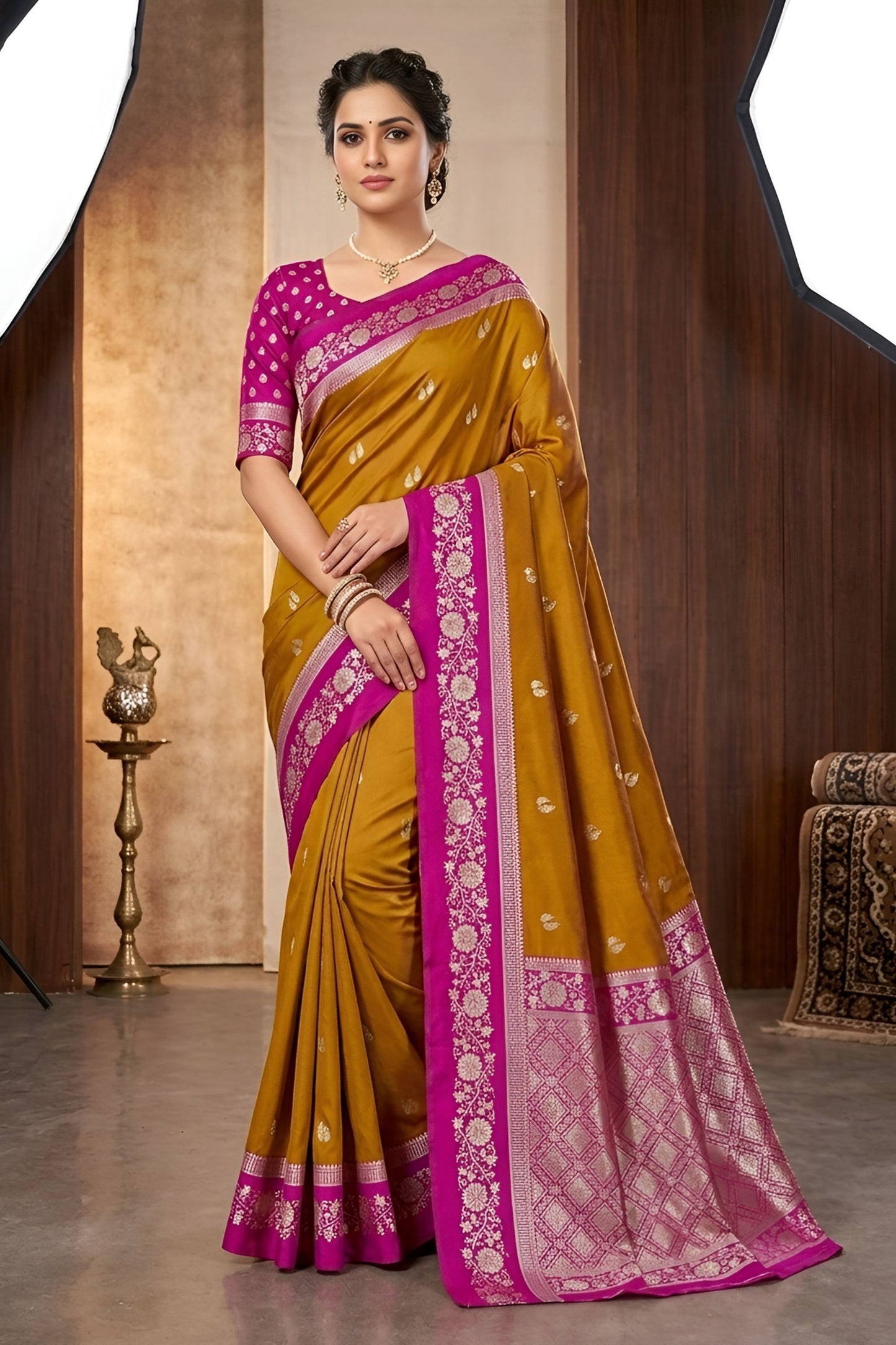 Classic Mustard Yellow Banarasi Silk Woven Saree Meenakari Motif for Women